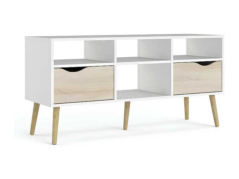 Meuble TV 4 niches, 2 tiroirs, blanc et chêne, 117 cm, Tvilum