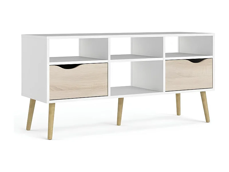 Meuble TV 4 niches, 2 tiroirs, blanc et chêne, 117 cm, Tvilum