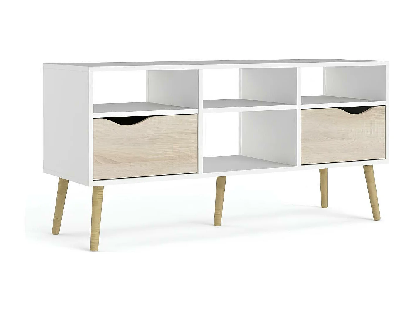 Meuble TV 4 niches, 2 tiroirs, blanc et chêne, 117 cm, Tvilum