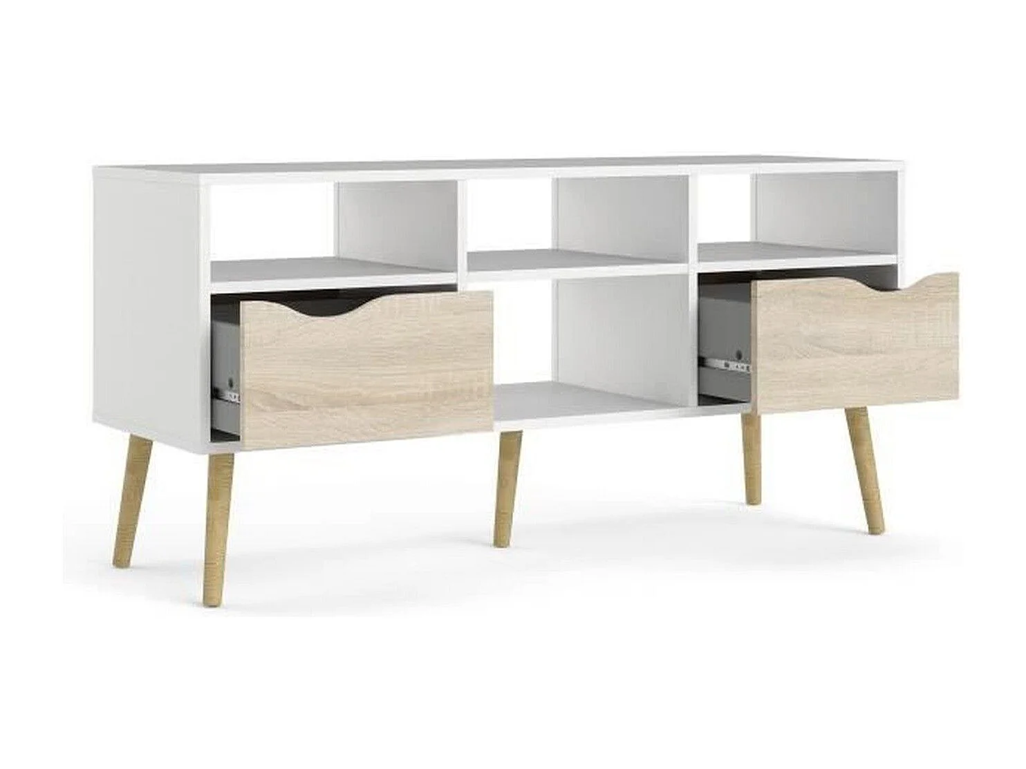 Meuble TV 4 niches, 2 tiroirs, blanc et chêne, 117 cm, Tvilum