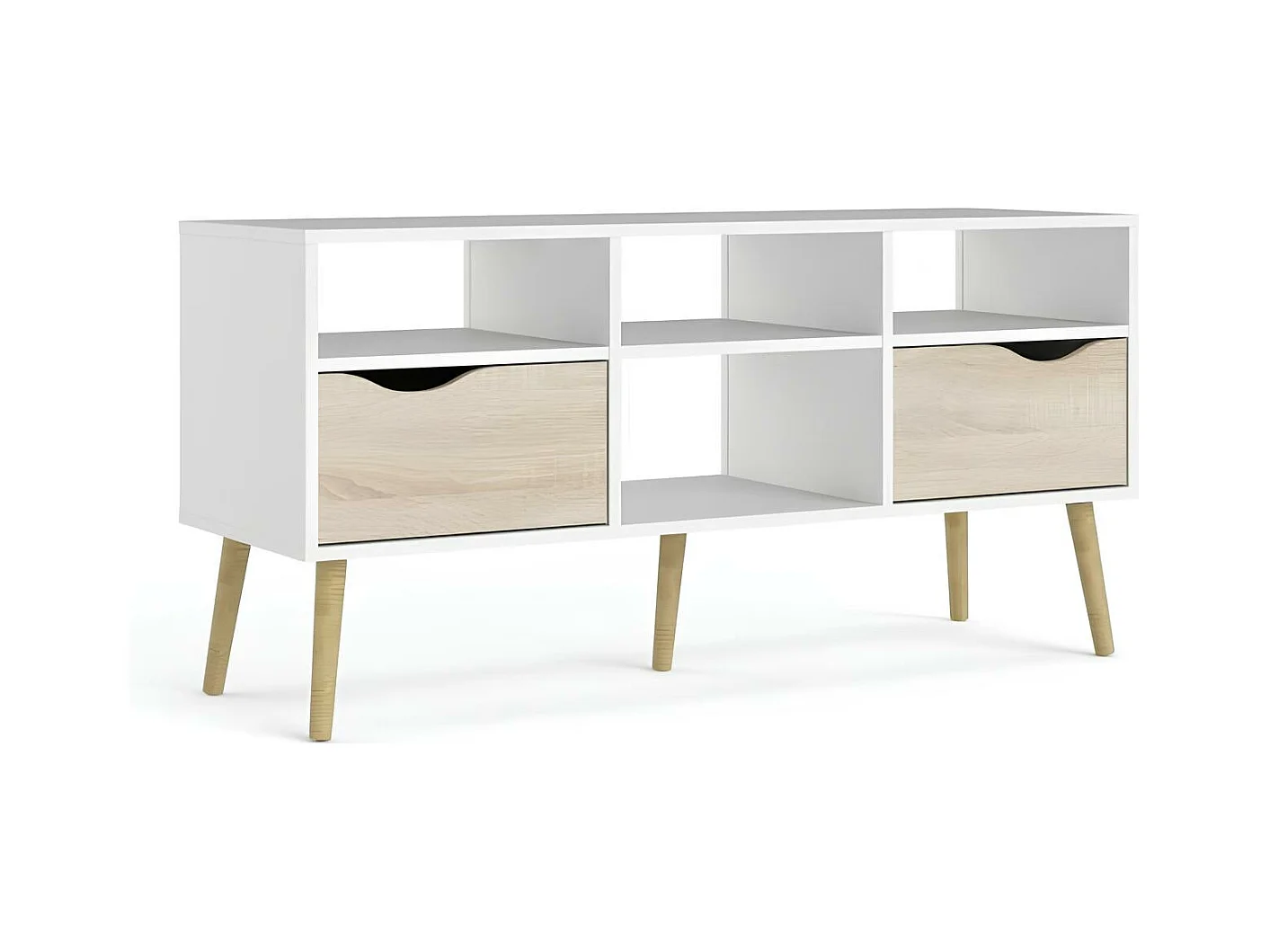 Meuble TV 4 niches, 2 tiroirs, blanc et chêne, 117 cm, Tvilum