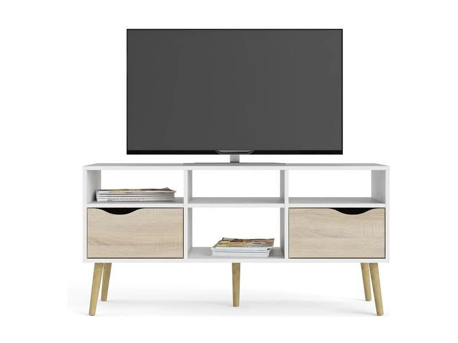 Meuble TV 4 niches, 2 tiroirs, blanc et chêne, 117 cm, Tvilum