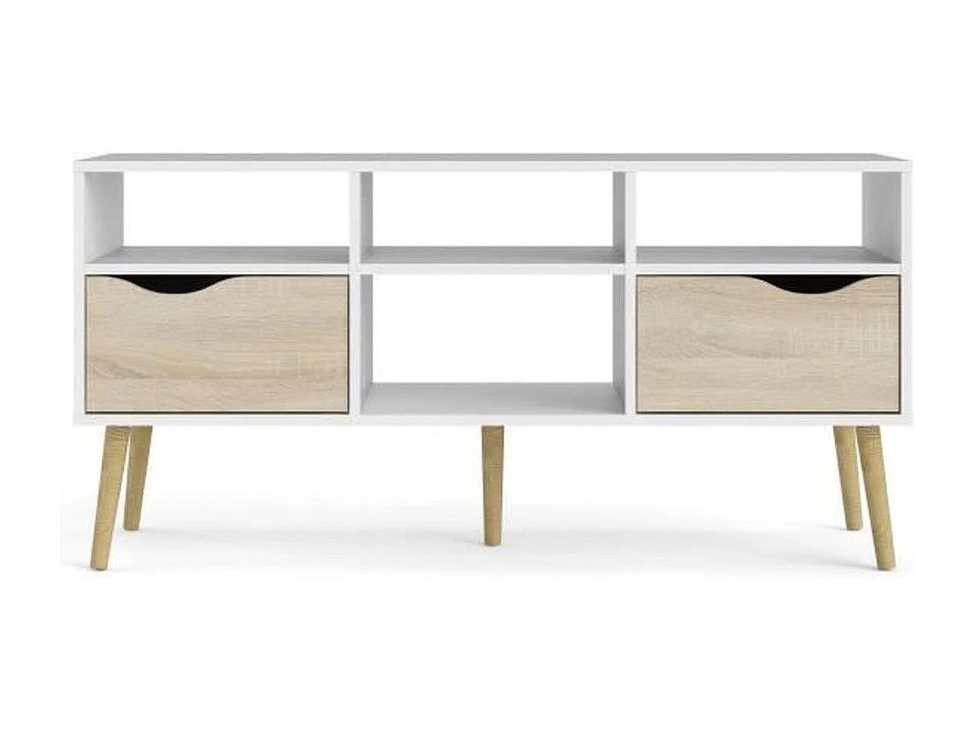 Mueble de TV con 4 estantes y 2 cajones - Blanco/roble - 117 x 39 x 57,4 cm