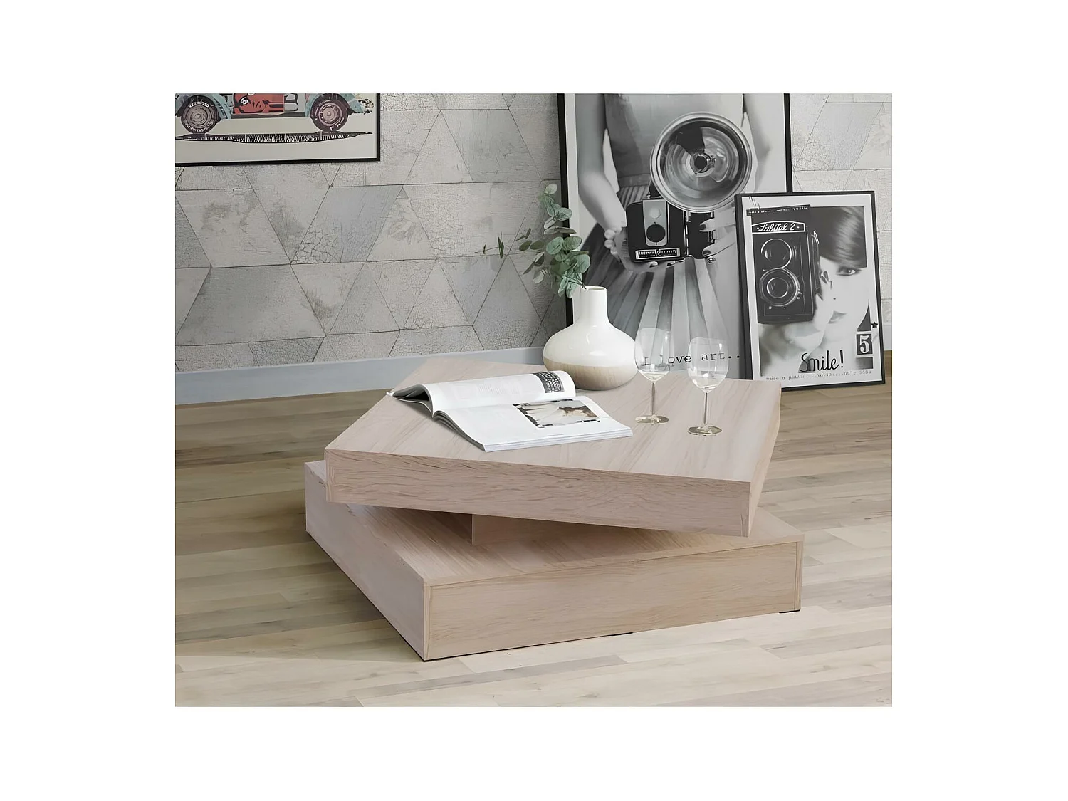 Table basse carrée plateau rotatif, décor chêne dkd home décor
