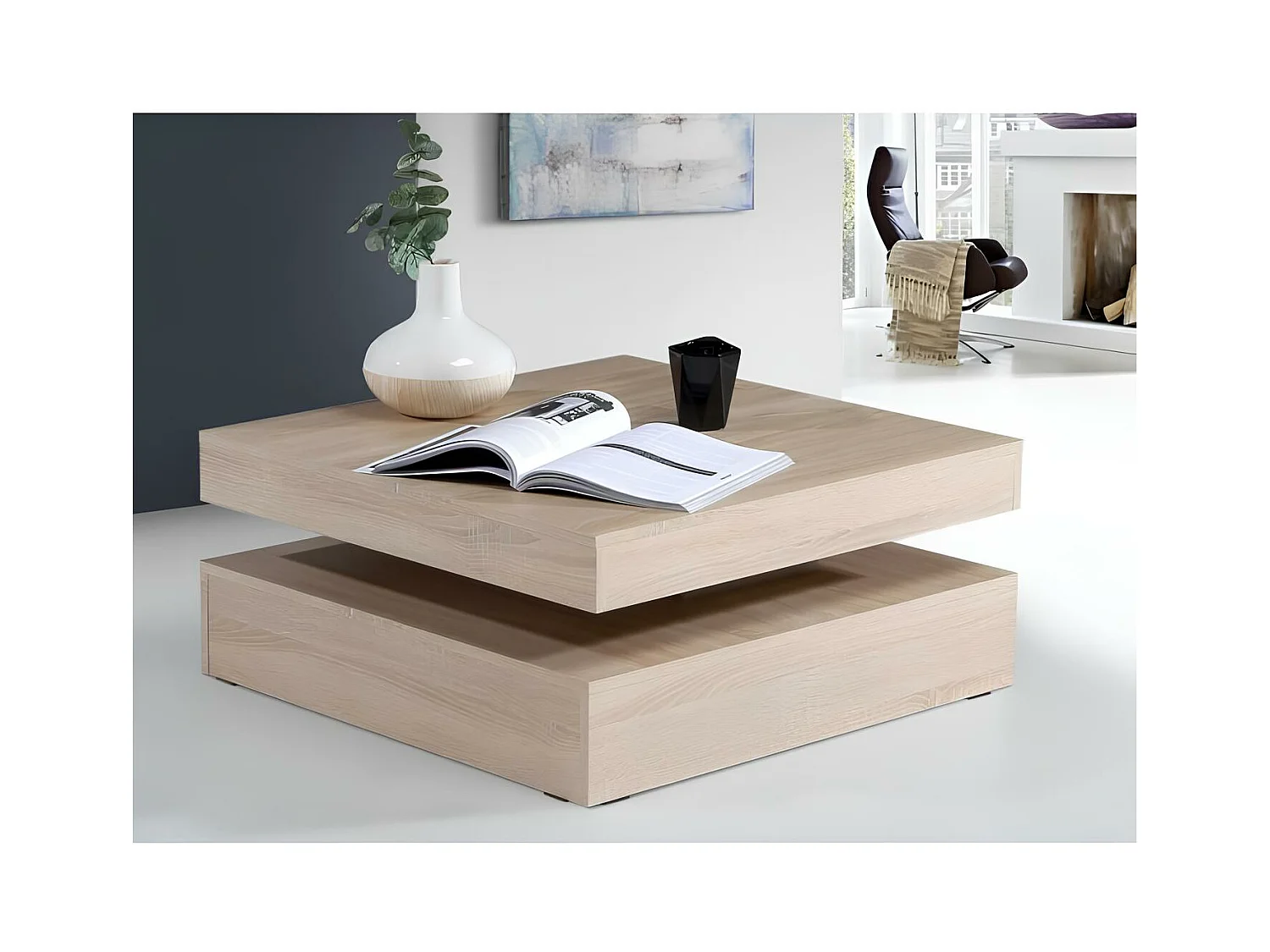 Table basse carrée plateau rotatif, décor chêne dkd home décor