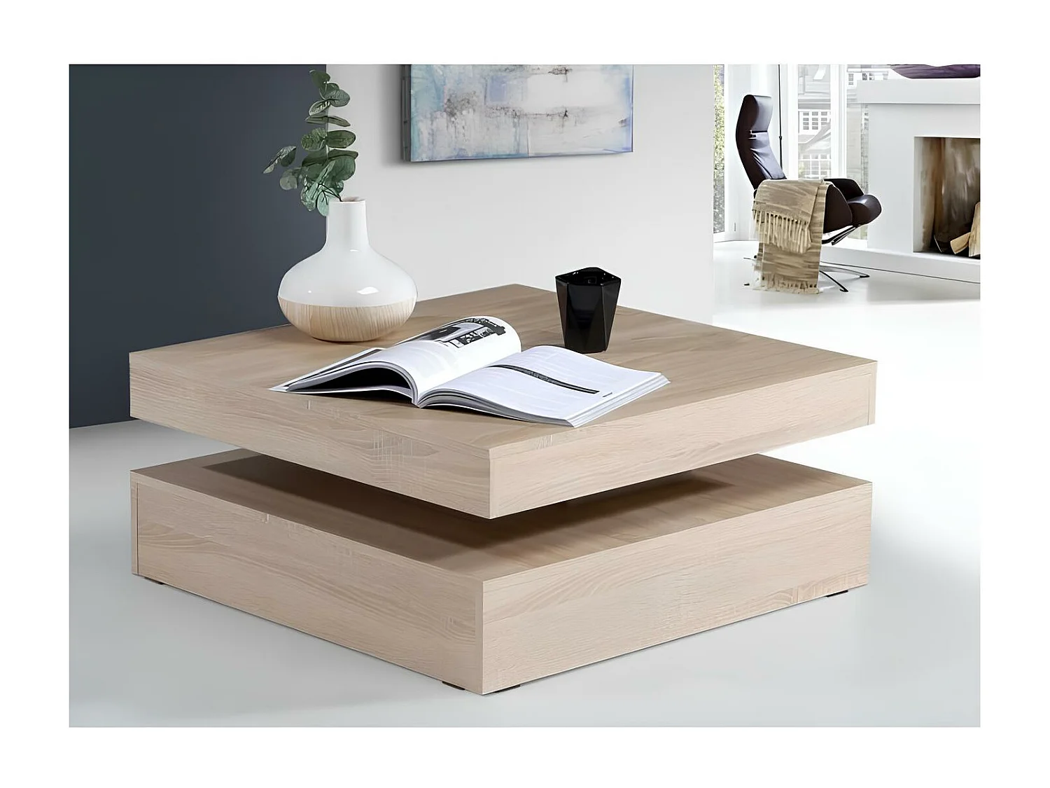 Mesa de centro con tablero giratorio - Cuadrada - Roble - 78 x 78 x 36 cm - COFFEE