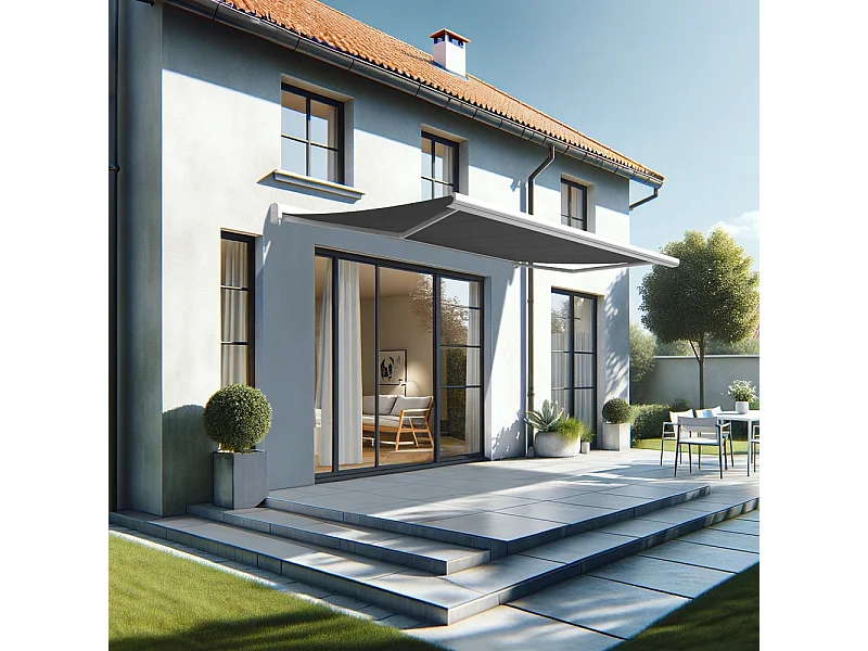 Store banne coffre CELESTE 5,00x3,00 m Motorisé Secours Télécommande + LED - Blanc - Gris