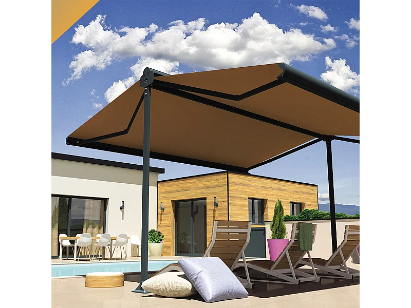 Store double pente ENARGITE 4,00x2x3,00 m Motorisé à Télécommande - Gris - Taupe