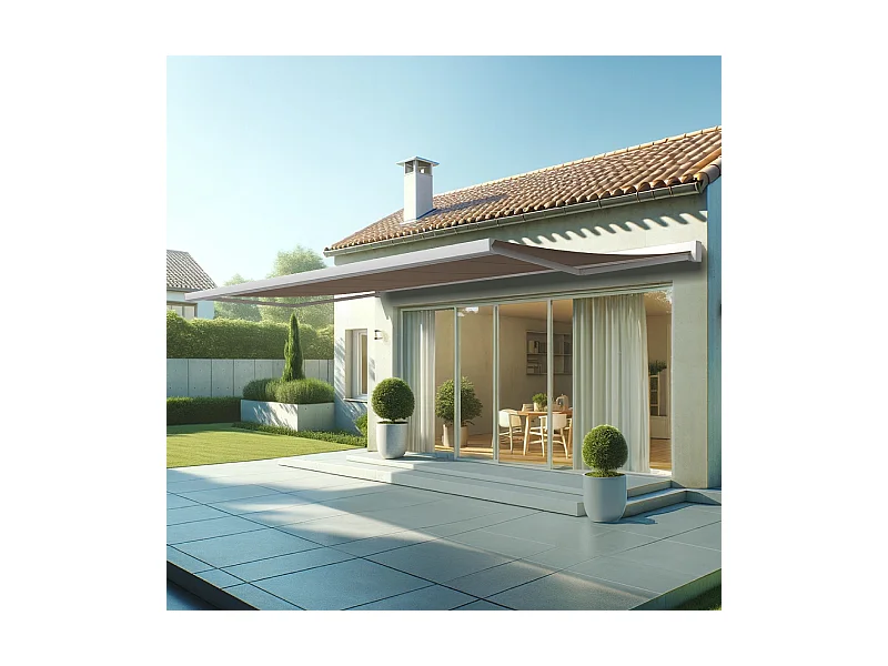 Store banne coffre SOA 6,00x3,50 m Motorisé Secours à Télécommande + LED - Blanc - Taupe