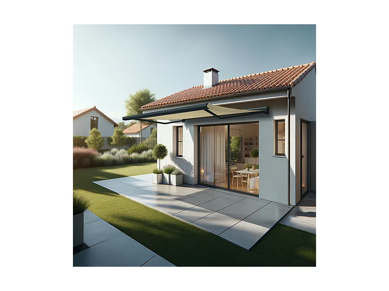 Store banne coffre CELESTE 4,00x3,00 m Motorisé Secours à Télécommande + LED - Gris - Écru