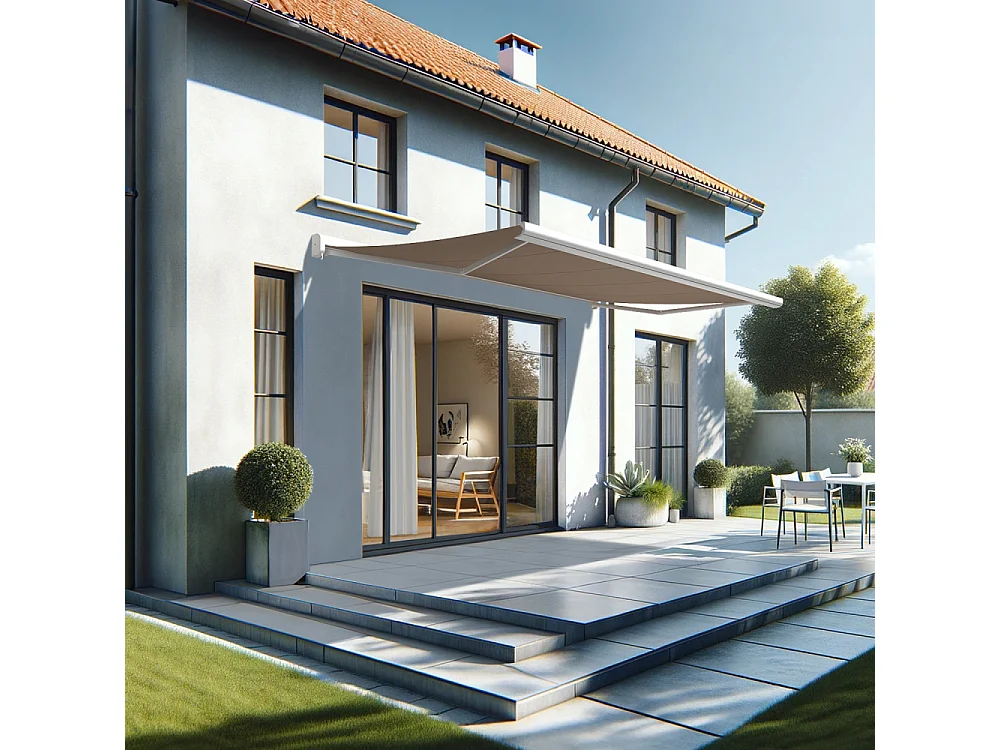 Store banne coffre CELESTE 5,00x3,00 m Manuelle - Blanc - Taupe