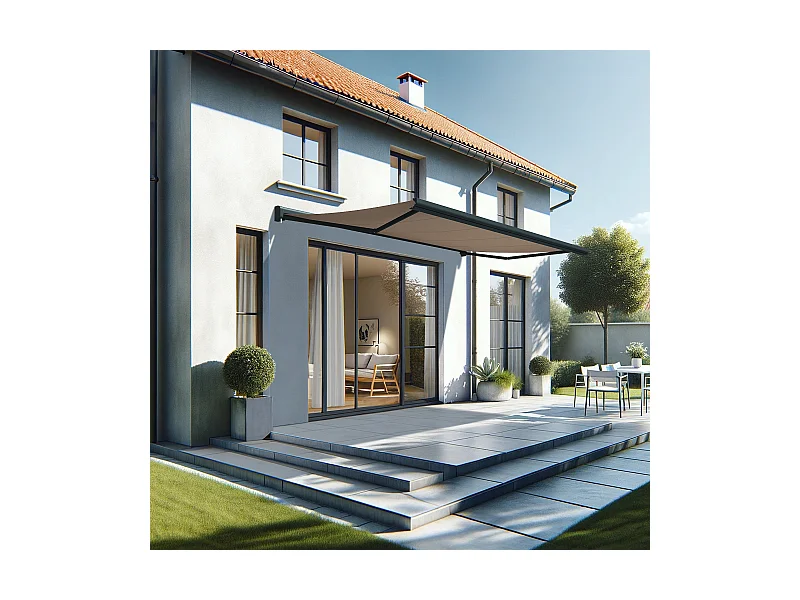 Store banne coffre CELESTE 5,00x3,00 m Motorisé Secours Télécommande + LED - Gris - Taupe