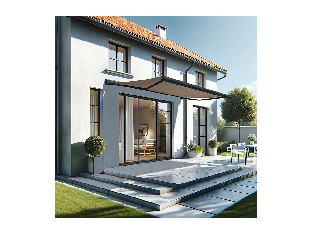 Store banne coffre CELESTE 5,00x3,00 m Motorisé Secours Télécommande + LED - Gris - Taupe