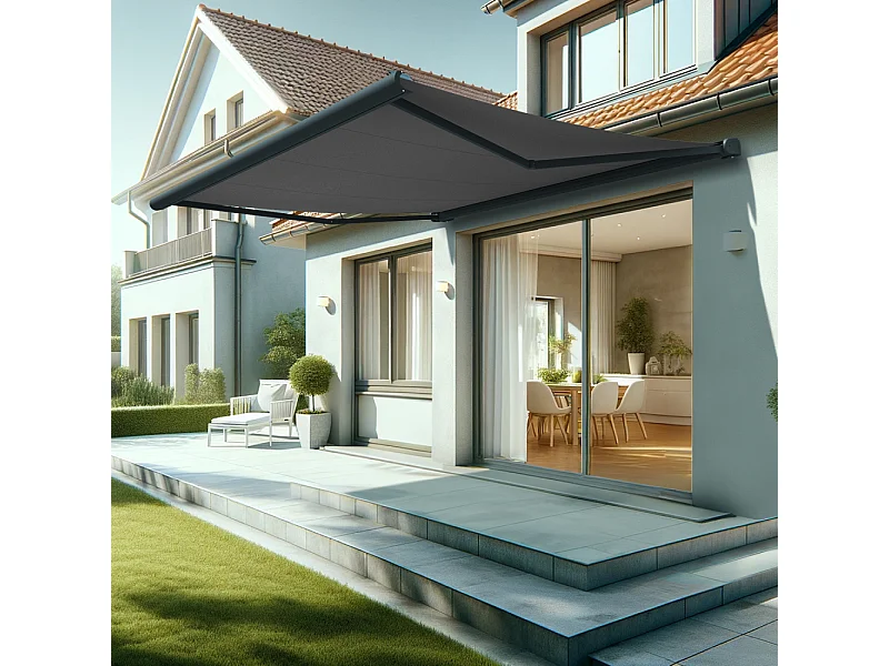 Store banne coffre HEVOA 4,05x3,50 m Motorisé Secours à Télécommande + LED - Gris - Gris