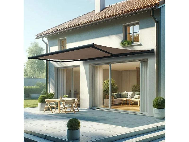 Store banne coffre HEVOA 5,00x3,50 m Motorisé Secours à Télécommande + LED - Gris - Taupe