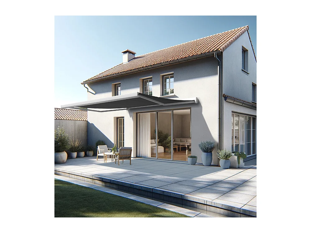 Store banne coffre SOA 4,10x3,50 m Motorisé Secours à Télécommande + LED - Blanc - Gris