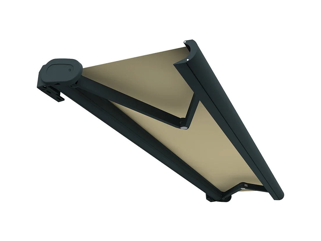 Store banne coffre HEVOA 4,05x3,50 m Motorisé Secours à Télécommande + LED - Gris - Écru