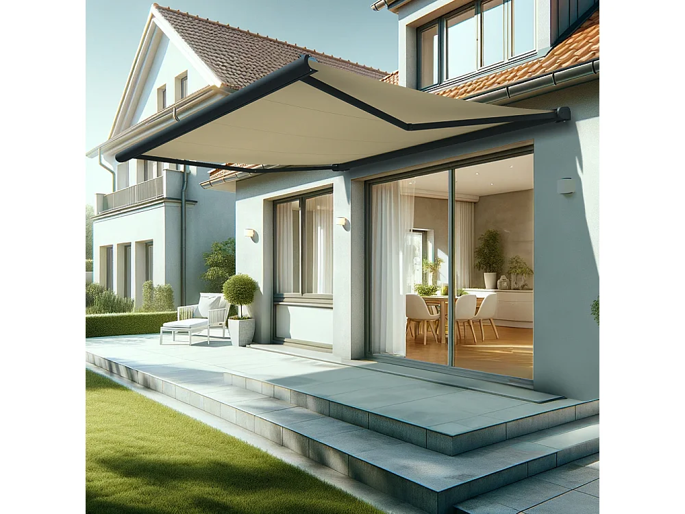 Store banne coffre HEVOA 4,05x3,50 m Motorisé Secours à Télécommande + LED - Gris - Écru