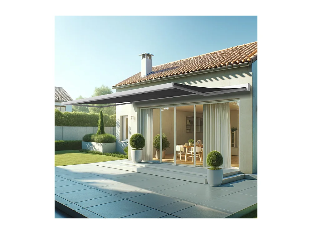 Store banne coffre SOA 6,00x3,50 m Motorisé Secours à Télécommande + LED - Blanc - Gris