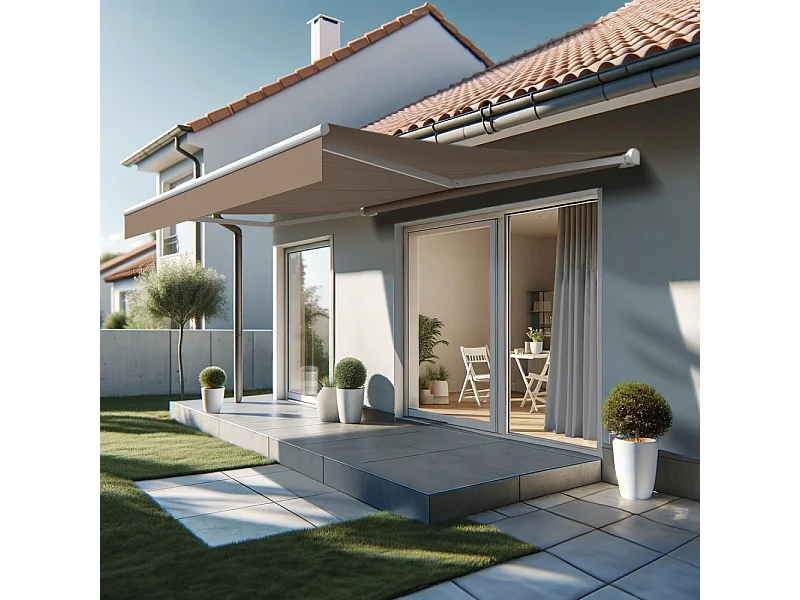 Store loggia DIONEA 4,00x3,00 m Motorisé Secours à Télécommande - Blanc - Taupe