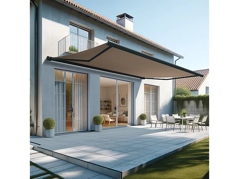 Store banne coffre HEVOA 6,00x3,50 m Motorisé Secours à Télécommande + LED - Gris - Taupe