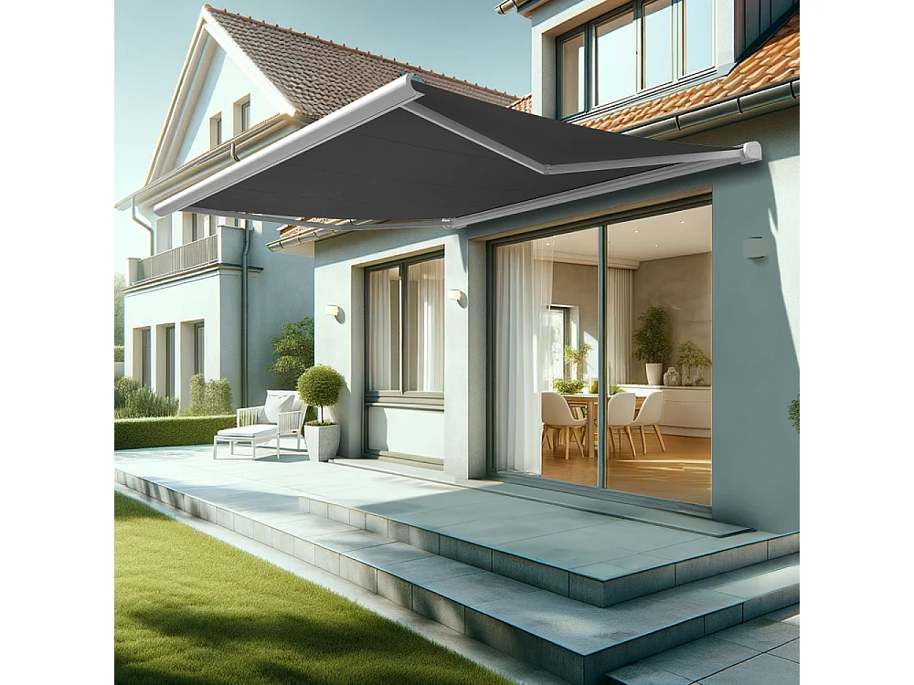 Store banne coffre HEVOA 4,05x3,50 m Motorisé Secours à Télécommande + LED - Blanc - Gris