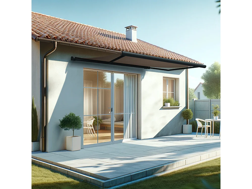 Store banne coffre HEVOA 4,00x3,00 m Motorisé Secours à Télécommande + LED - Gris - Taupe