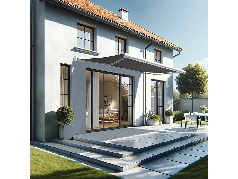 Store banne coffre CELESTE 5,00x3,00 m Manuelle - Blanc - Gris