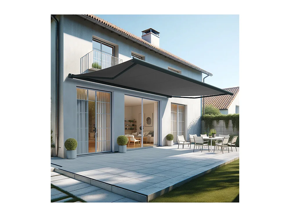 Store banne coffre HEVOA 6,00x3,50 m Motorisé Secours à Télécommande + LED - Gris - Gris