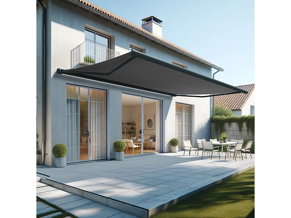 Store banne coffre HEVOA 6,00x3,50 m Motorisé Secours à Télécommande + LED - Gris - Gris