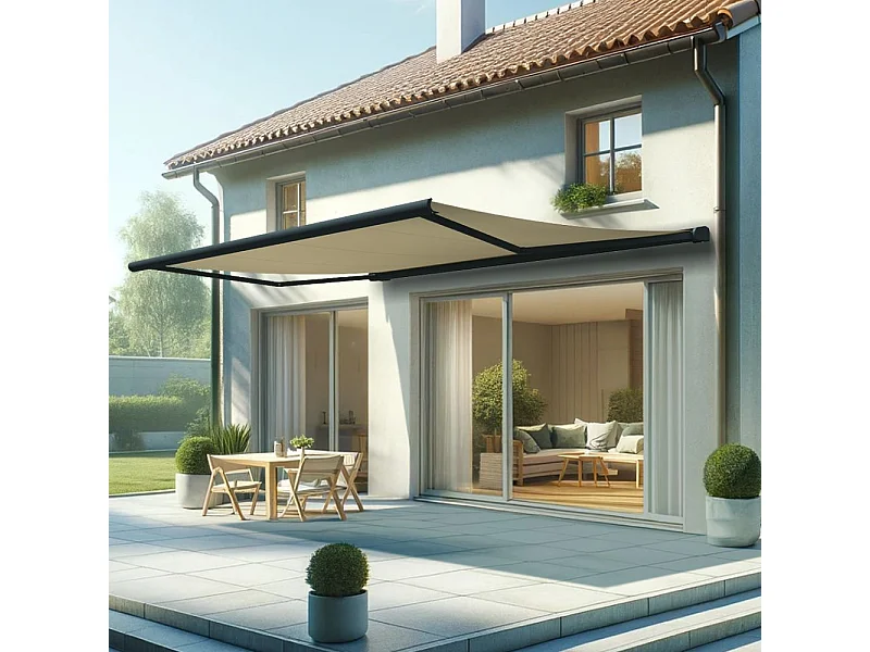 Store banne coffre HEVOA 5,00x3,50 m Motorisé Secours à Télécommande + LED - Gris - Écru