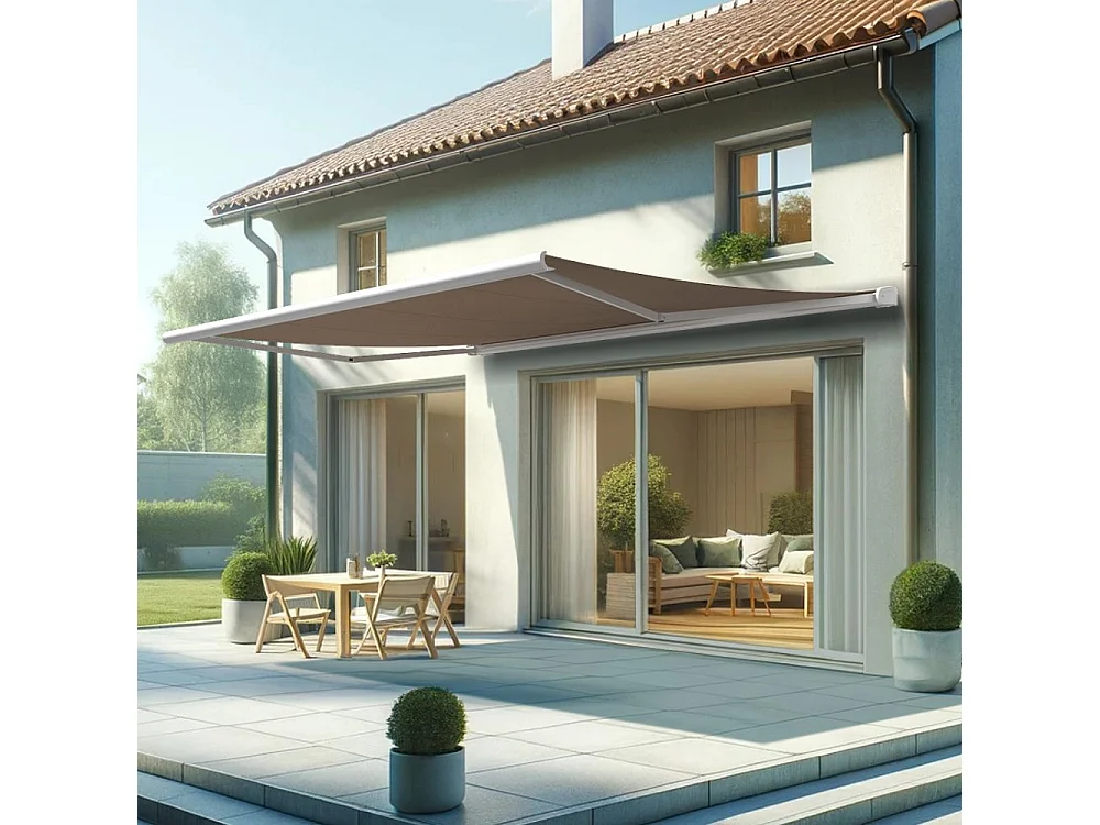 Store banne coffre HEVOA 5,00x3,50 m Motorisé Secours à Télécommande + LED - Blanc - Taupe