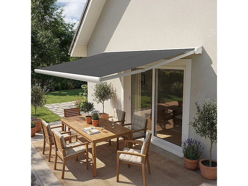 Tenda da sole cassonata CINABRE 3 x 2 m - Motorizzato interruttore - Bianco, telo acrilico grigio scuro