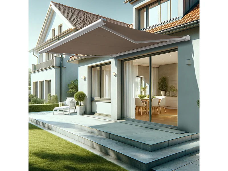 Store banne coffre HEVOA 4,05x3,50 m Motorisé Secours à Télécommande + LED - Blanc - Taupe