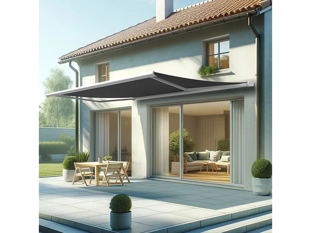 Store banne coffre HEVOA 5,00x3,50 m Motorisé Secours à Télécommande + LED - Blanc - Gris