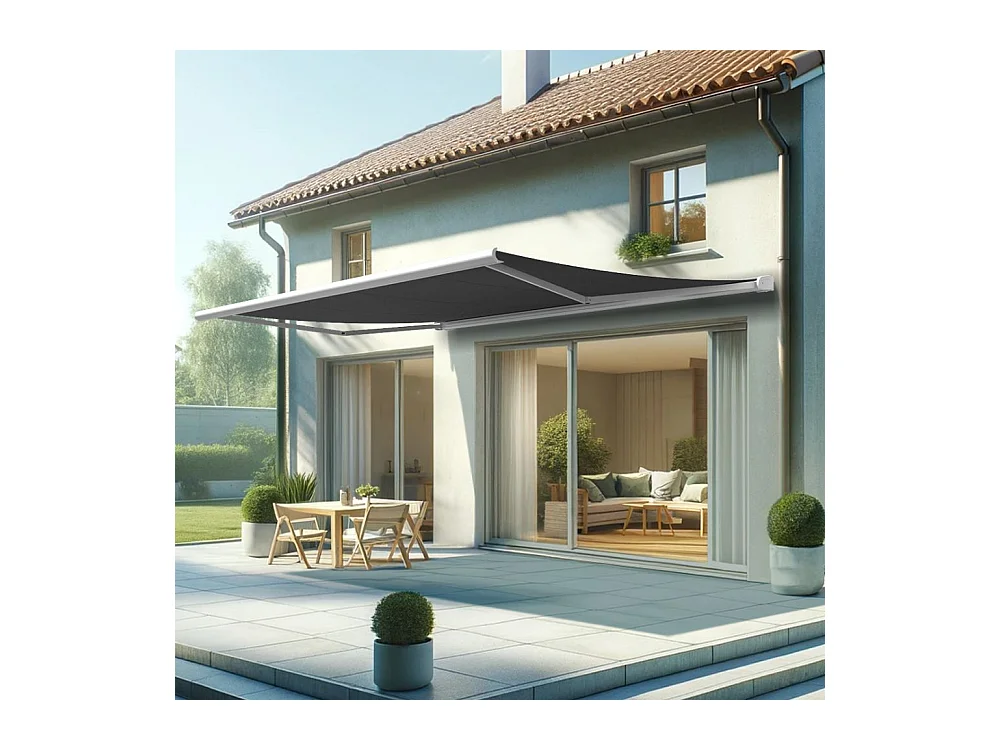 Store banne coffre HEVOA 5,00x3,50 m Motorisé Secours à Télécommande + LED - Blanc - Gris