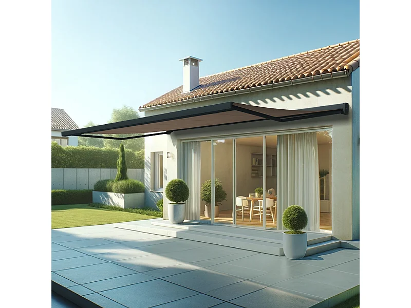 Store banne coffre SOA 6,00x3,50 m Motorisé Secours à Télécommande + LED - Gris - Taupe