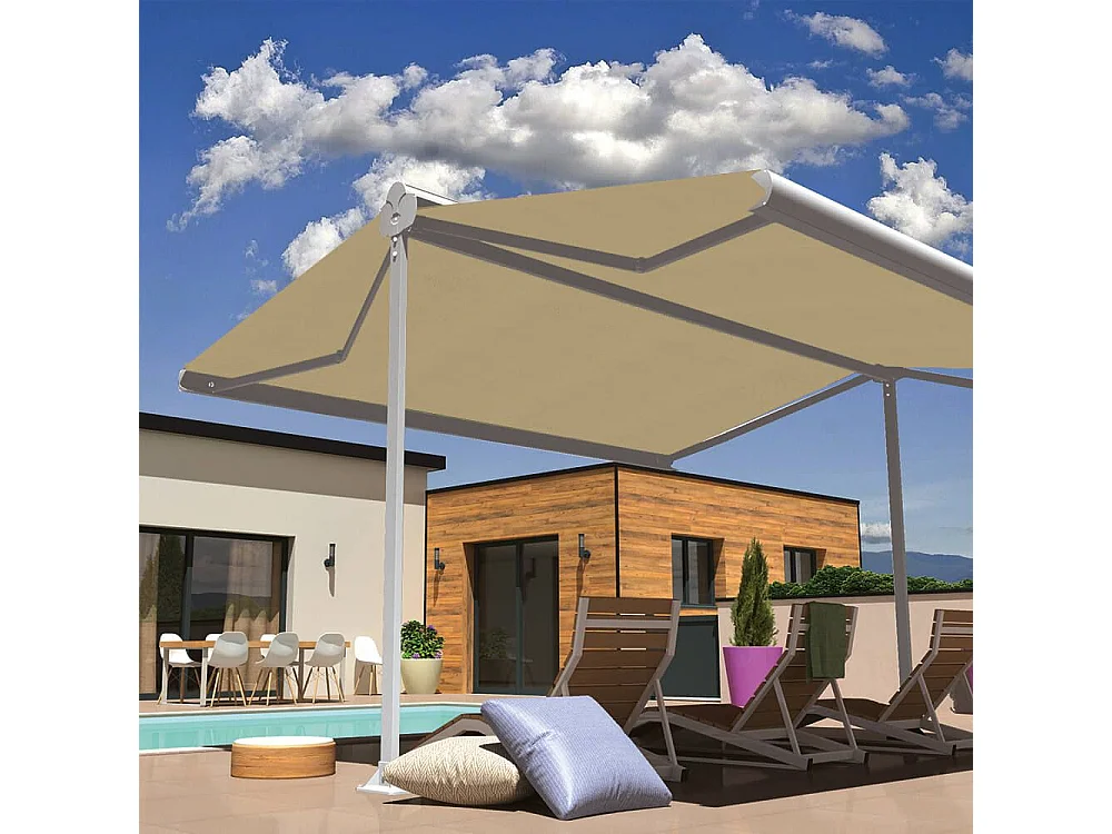 Tenda doppia pendenza ENARGITE 6,00x2x3,00 m Motorizzato a Telecomando - Bianco - Beige