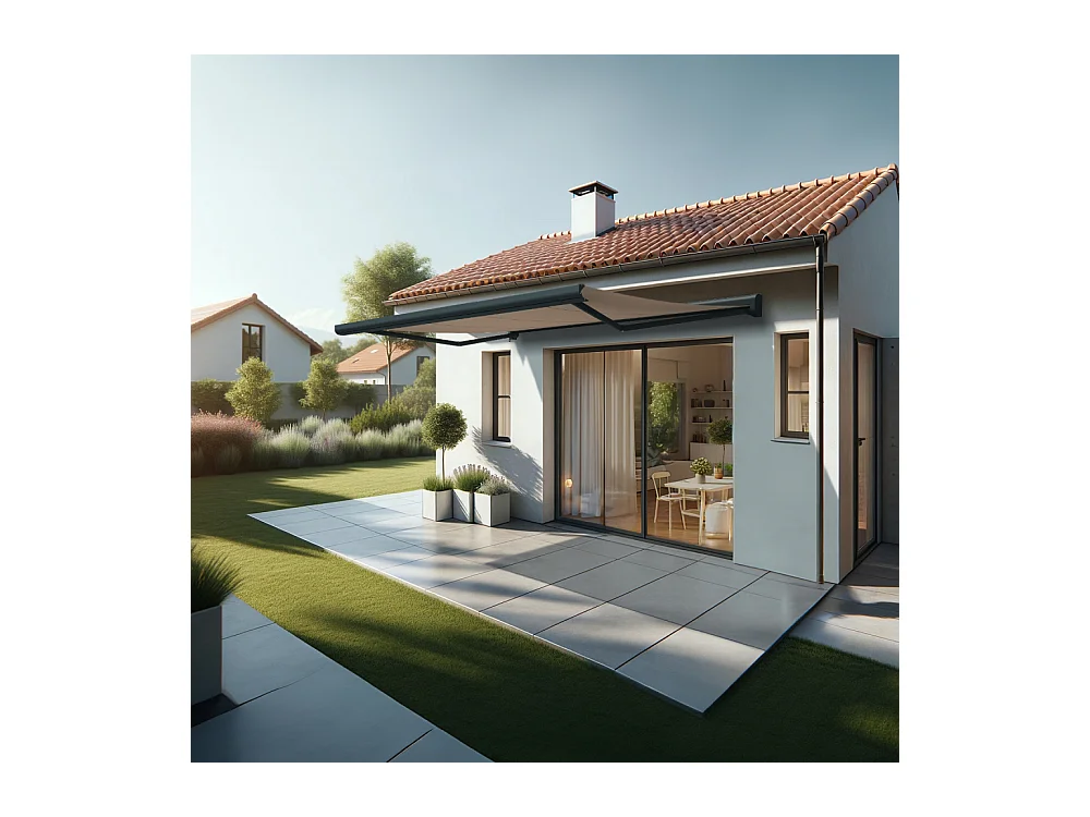 Store banne coffre CELESTE 4,00x3,00 m Motorisé Secours Télécommande + LED - Gris - Taupe