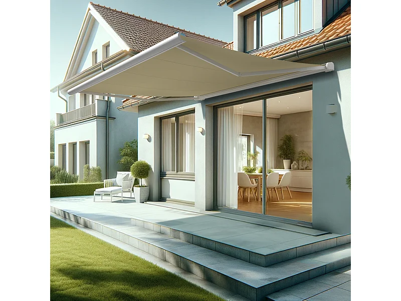 Store banne coffre HEVOA 4,05x3,50 m Motorisé Secours à Télécommande + LED - Blanc - Écru