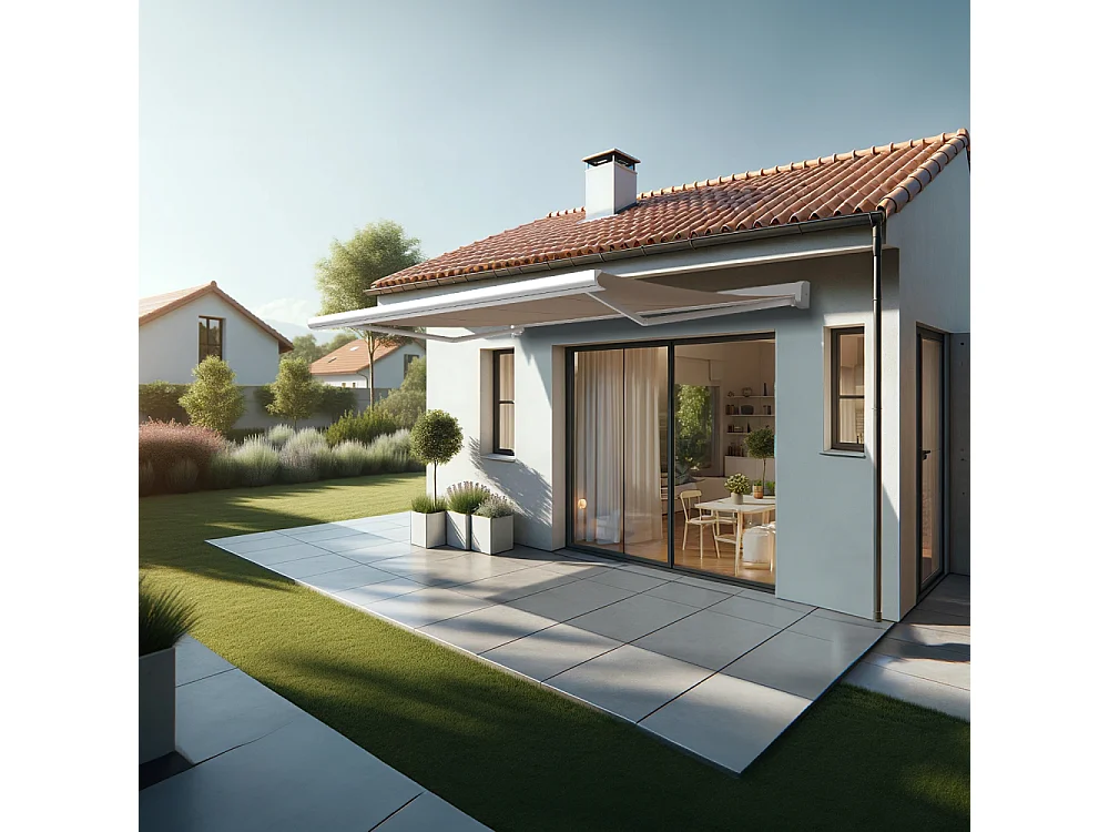 Store banne coffre CELESTE 4,00x3,00 m Manuelle - Blanc - Taupe