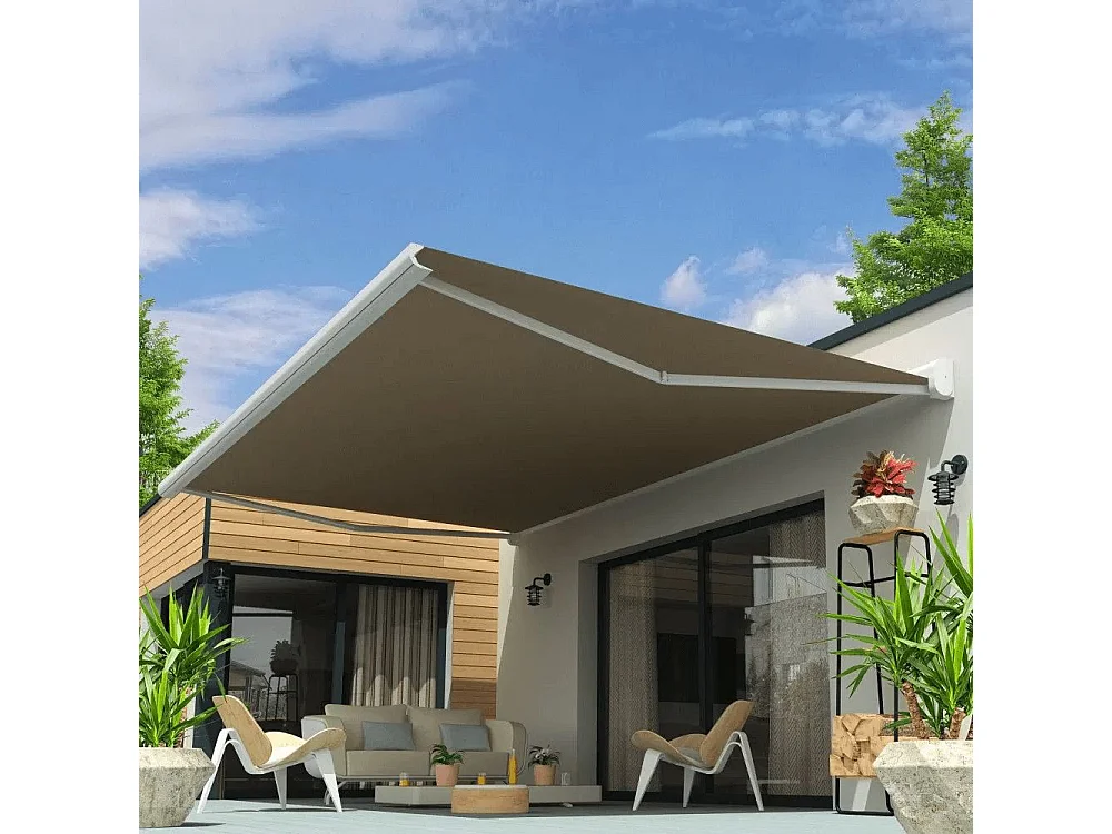 Store banne coffre CELESTE 4,00x3,00 m Manuelle - Blanc - Taupe