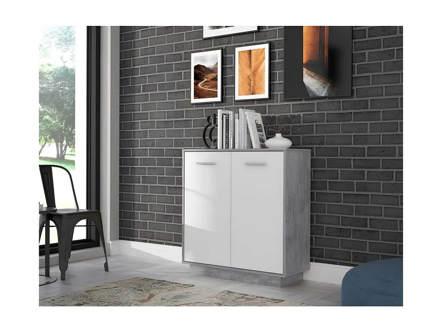 Buffet bas 2 portes blanc et béton clair, Pilvi