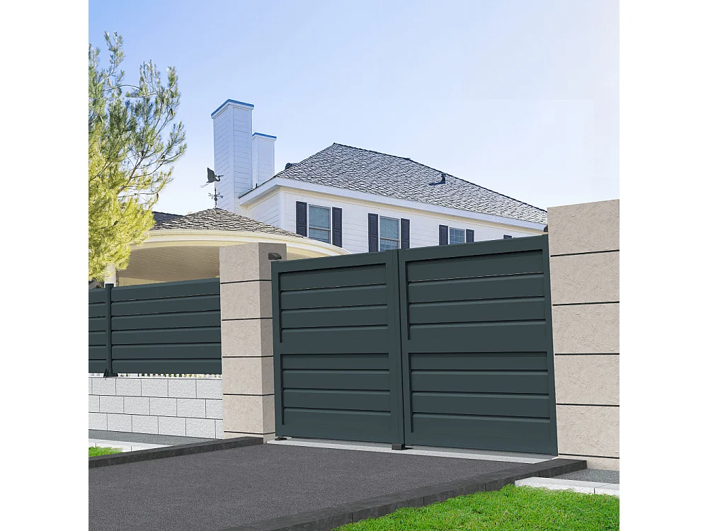 Portail double battant motorisé brise-vue L 3500 x H 1580 mm - Gris anthracite RAL7016ST
