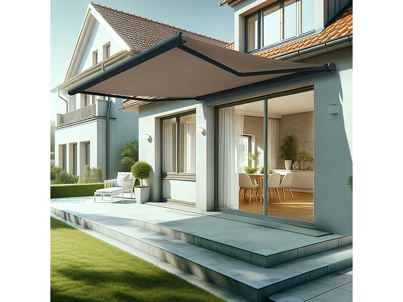 Store banne coffre HEVOA 4,05x3,50 m Motorisé Secours à Télécommande + LED - Gris - Taupe