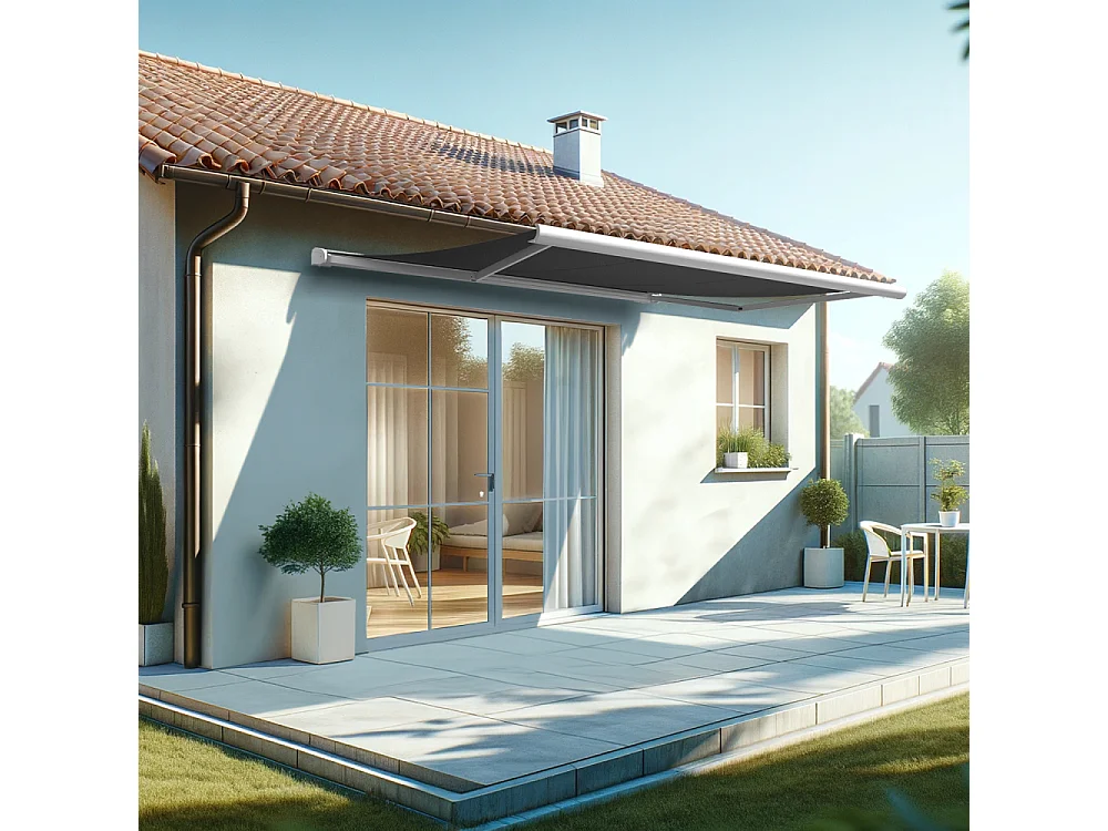 Store banne coffre HEVOA 4,00x3,00 m Motorisé Secours à Télécommande + LED - Blanc - Gris