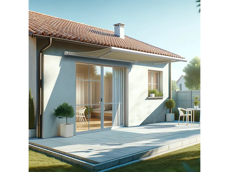 Store banne coffre HEVOA 4,00x3,00 m Motorisé Secours à Télécommande + LED - Blanc - Écru