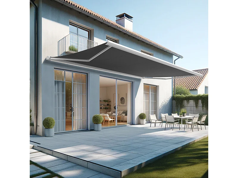 Store banne coffre HEVOA 6,00x3,50 m Motorisé Secours à Télécommande + LED - Blanc - Gris