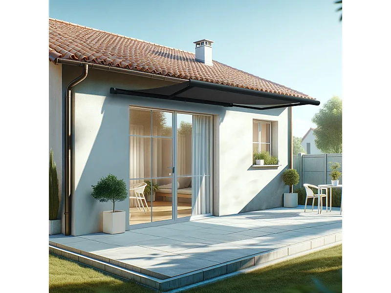 Store banne coffre HEVOA 4,00x3,00 m Motorisé Secours à Télécommande + LED - Gris - Gris