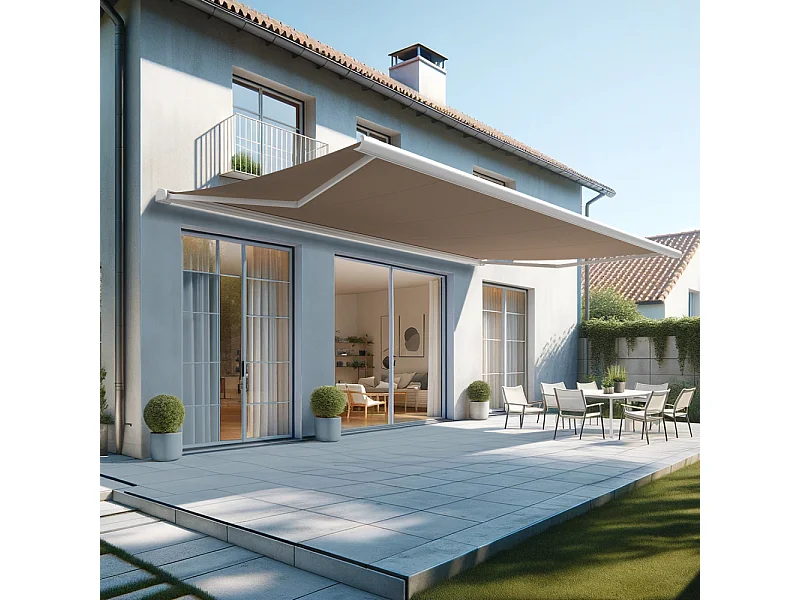 Store banne coffre HEVOA 6,00x3,50 m Motorisé Secours à Télécommande + LED - Blanc - Taupe